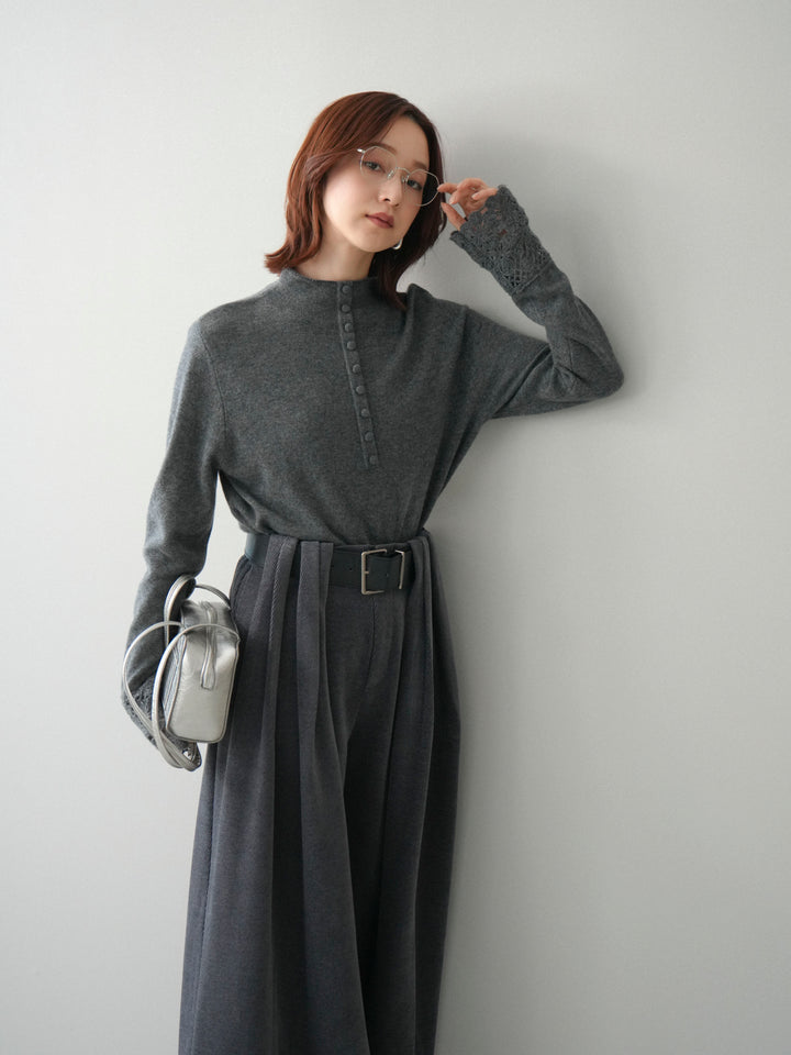 [SET]袖スカラップレースフロントボタンウールニットトップス+ベルトデザインループコールテンワイドパンツ(ベルト付き)(2set)