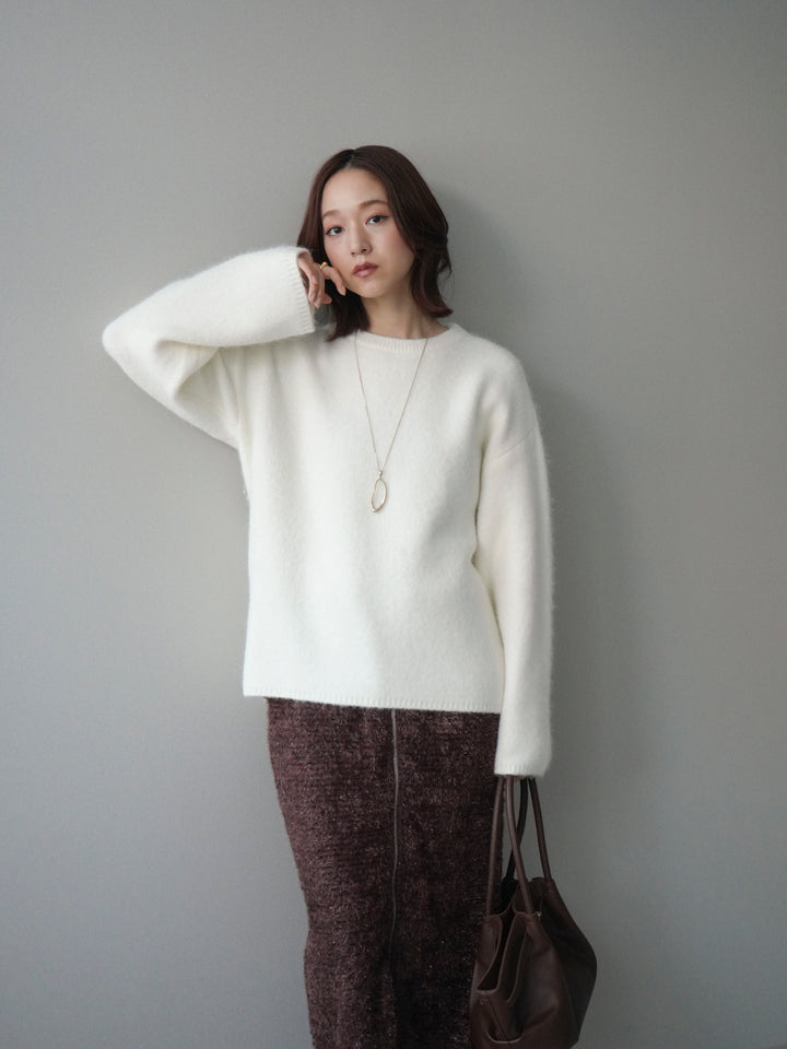 [SET]アンゴラタッチクルーネックニットプルオーバー+ラメシャギーフロントジップスカート(2set)