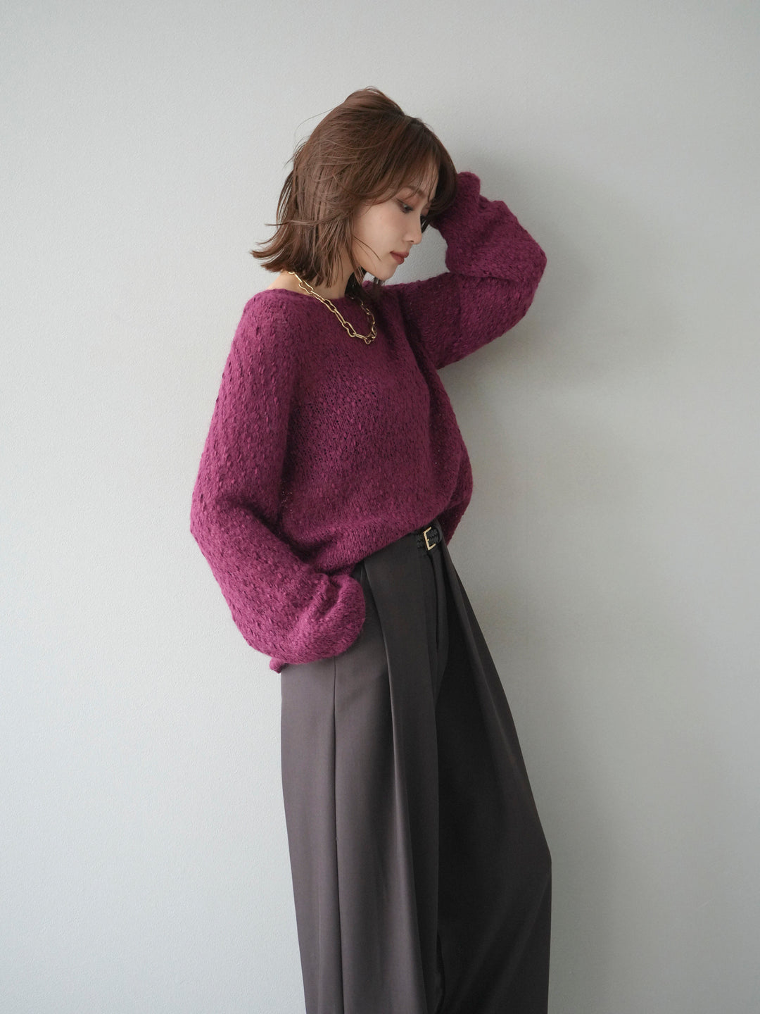 【着回しセット】[SET]求心柄クロップドニットカーディガン+異素材ミックスヤーンニットプルオーバー+ベルトループデザインワイドパンツ(3set)