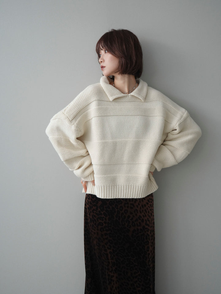 [SET]襟付きボーダー編みニットプルオーバー+レオパードベロアナロースカート(2set)