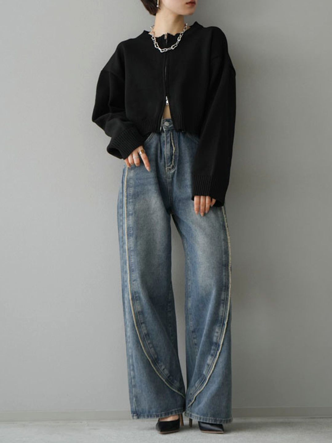 [SET] Double zip cropped knit cardigan + fringe boyfriend denim (2set)