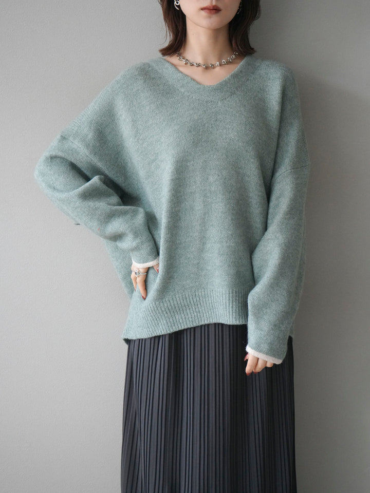 【預購】V領撞色袖針織套頭衫/薄荷綠