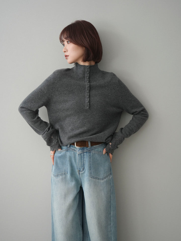[予約]袖スカラップレースフロントボタンウールニットトップス/gray