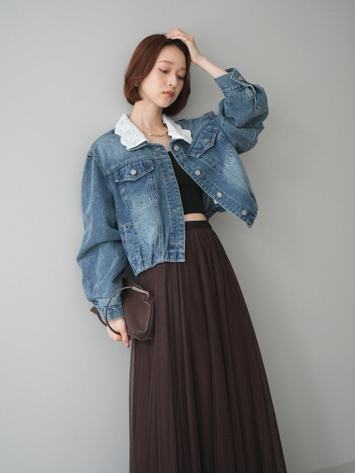 [SET]襟レースデニムショートジャケット+選べるアクセセット(2set)