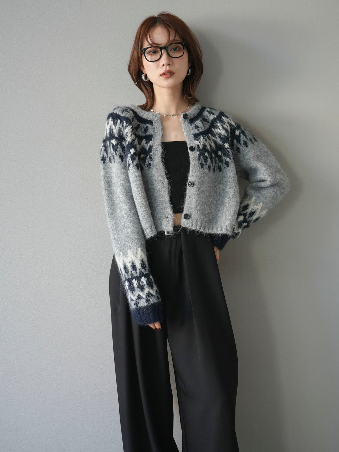 【着回しセット】[SET]求心柄クロップドニットカーディガン+ミックスヤーンペイズリー柄ニットカーディガン+ベルトループデザインワイドパンツ(3set)