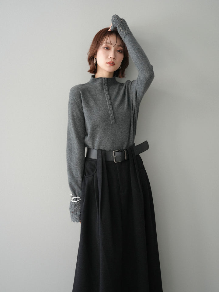 [予約]袖スカラップレースフロントボタンウールニットトップス/gray