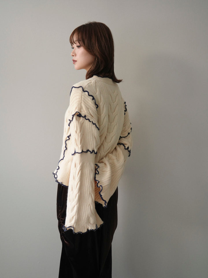 [SET]フロントリボン配色メローニットカーディガン+ギャザーベロアスカート(2set)