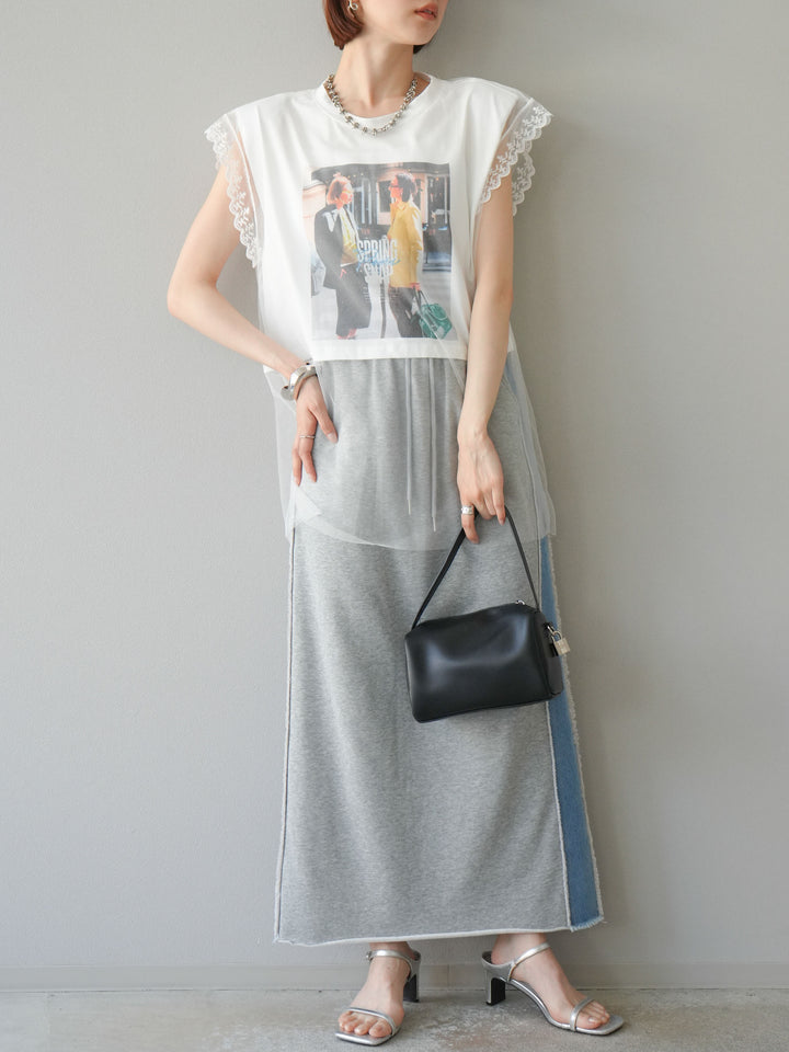 [予約]デニムドッキングスウェットスカート/グレー