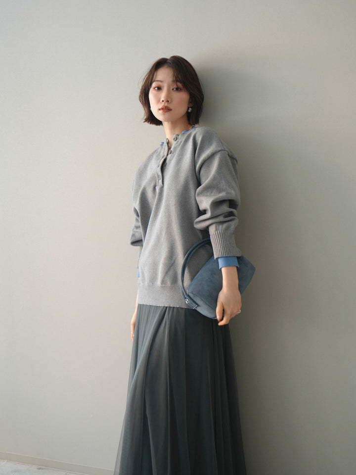 [予約]2WAYネック配色レイヤードニットプルオーバー/gray
