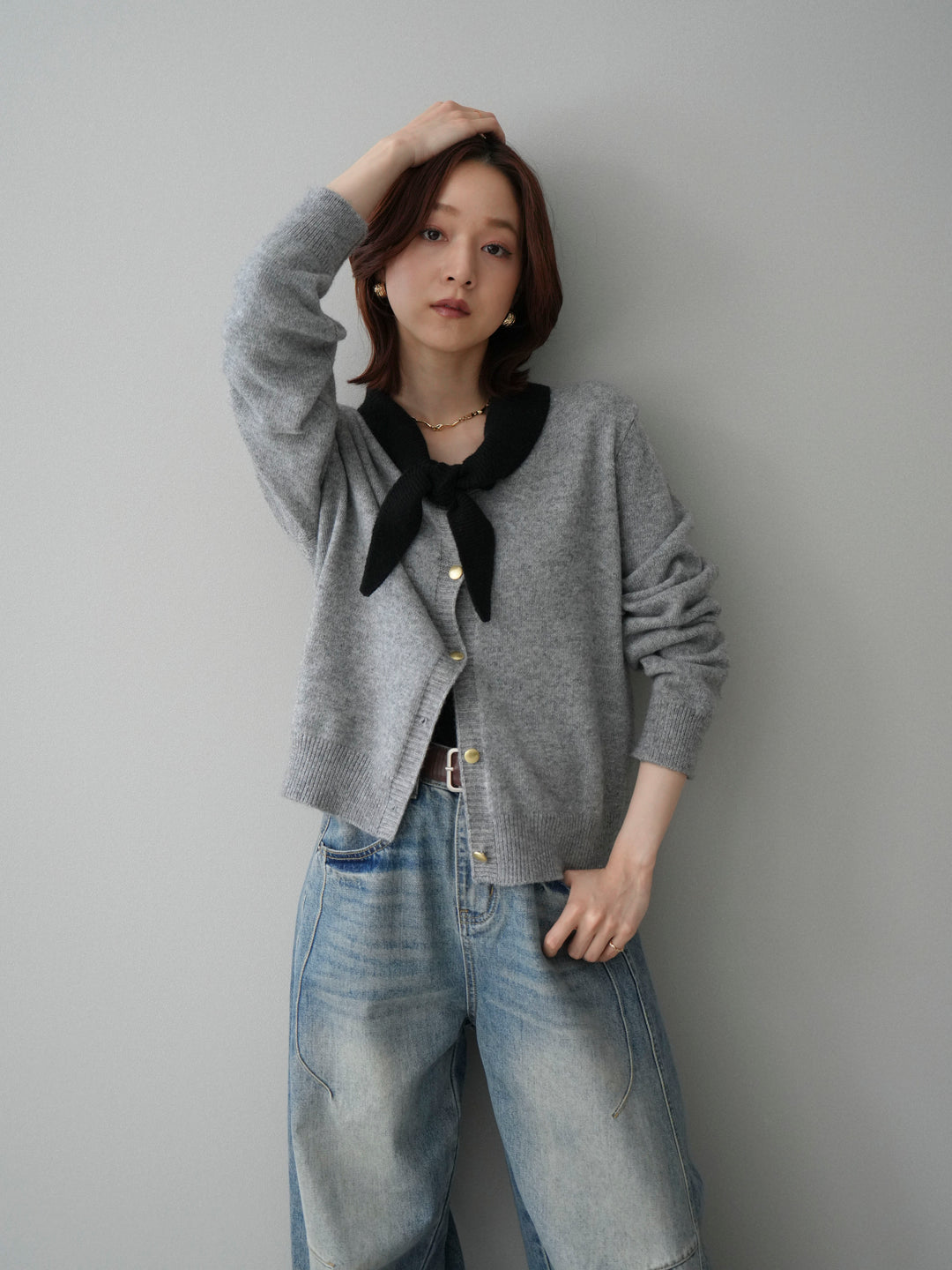 [予約]デザイン襟ニットカーディガン/gray