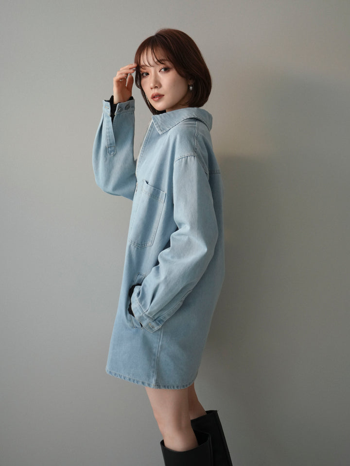 [予約]ハーフジップデニムミニワンピース/blue
