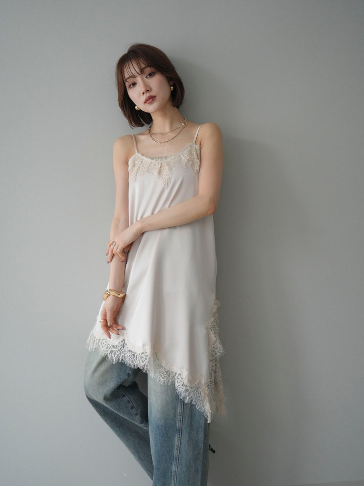 [予約]アシンメトリーサテンレースキャミソール/ecru
