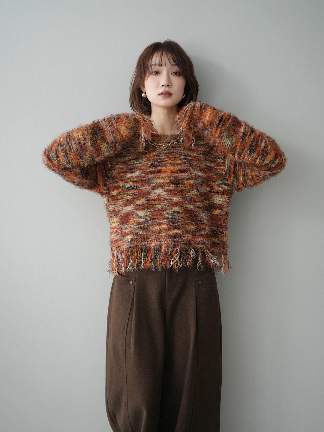 [SET]裾フリンジミックスヤーンシャギープルオーバー+選べるアクセセット(2set)
