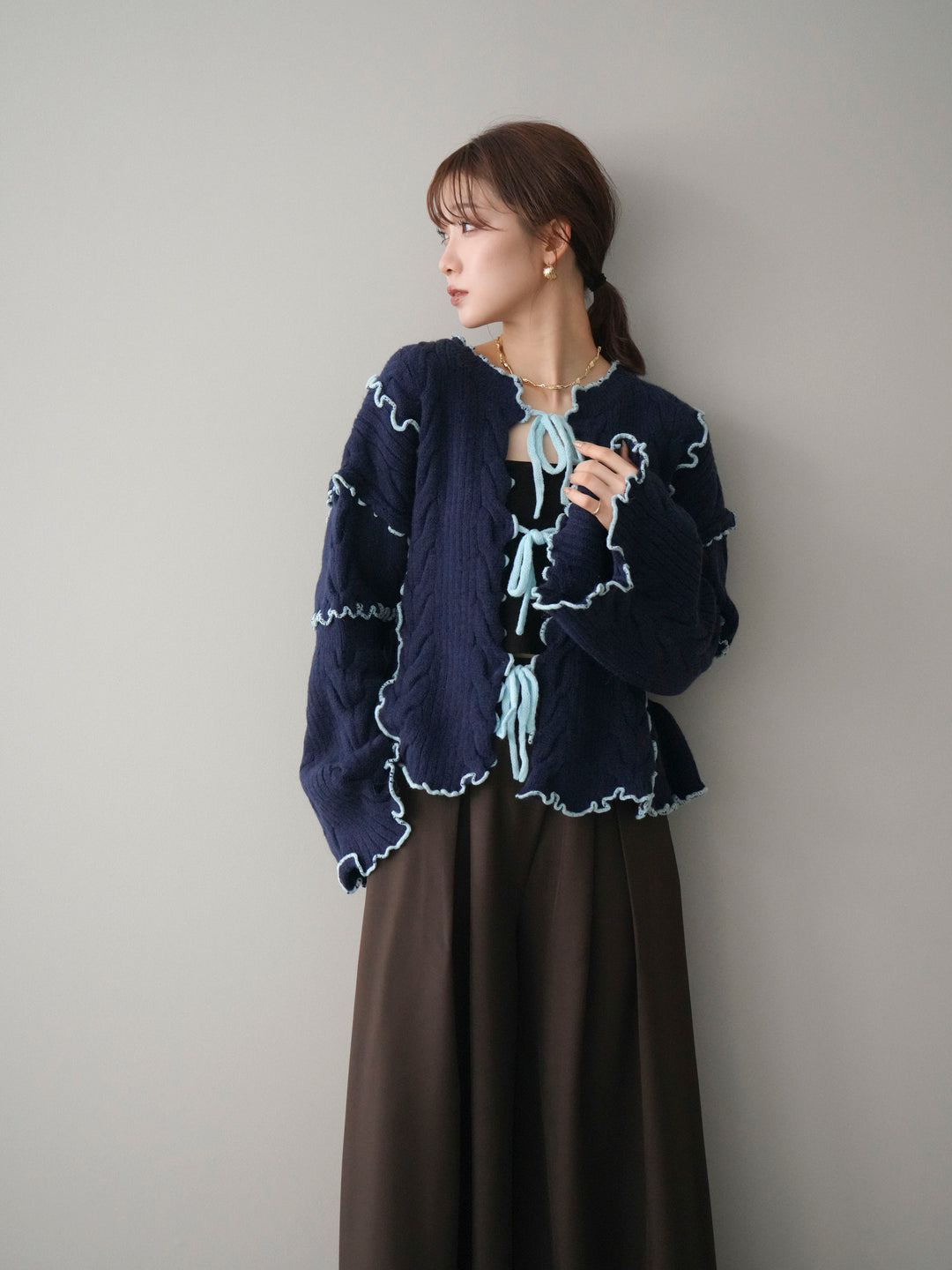 [予約]フロントリボン配色メローニットカーディガン/navy