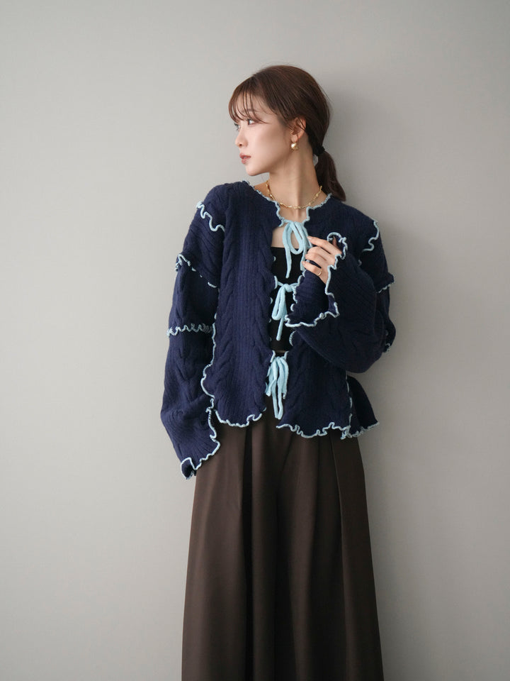 [予約]フロントリボン配色メローニットカーディガン/navy
