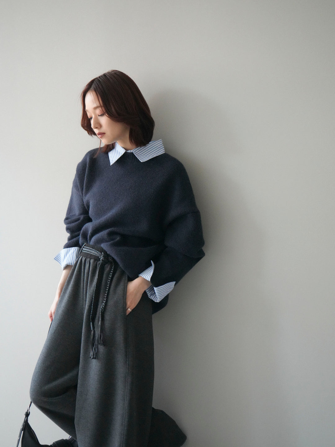 [予約]2WAYストライプ襟ニットプルオーバー/navy