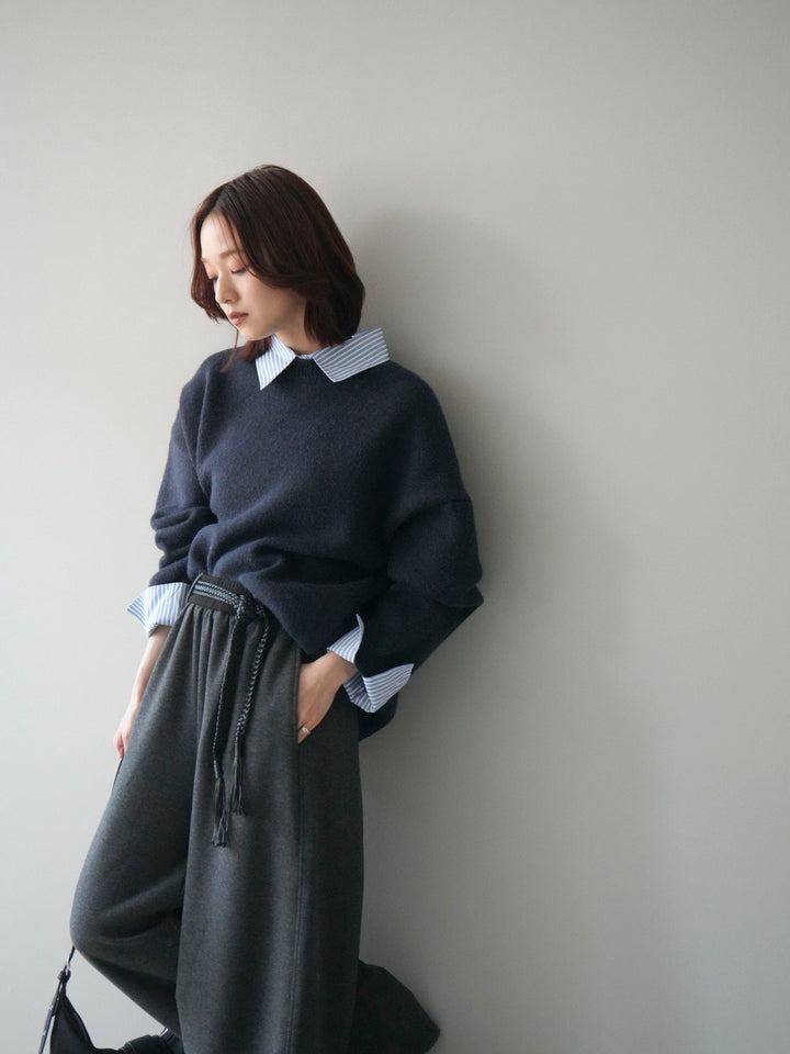 [予約]2WAYストライプ襟ニットプルオーバー/navy