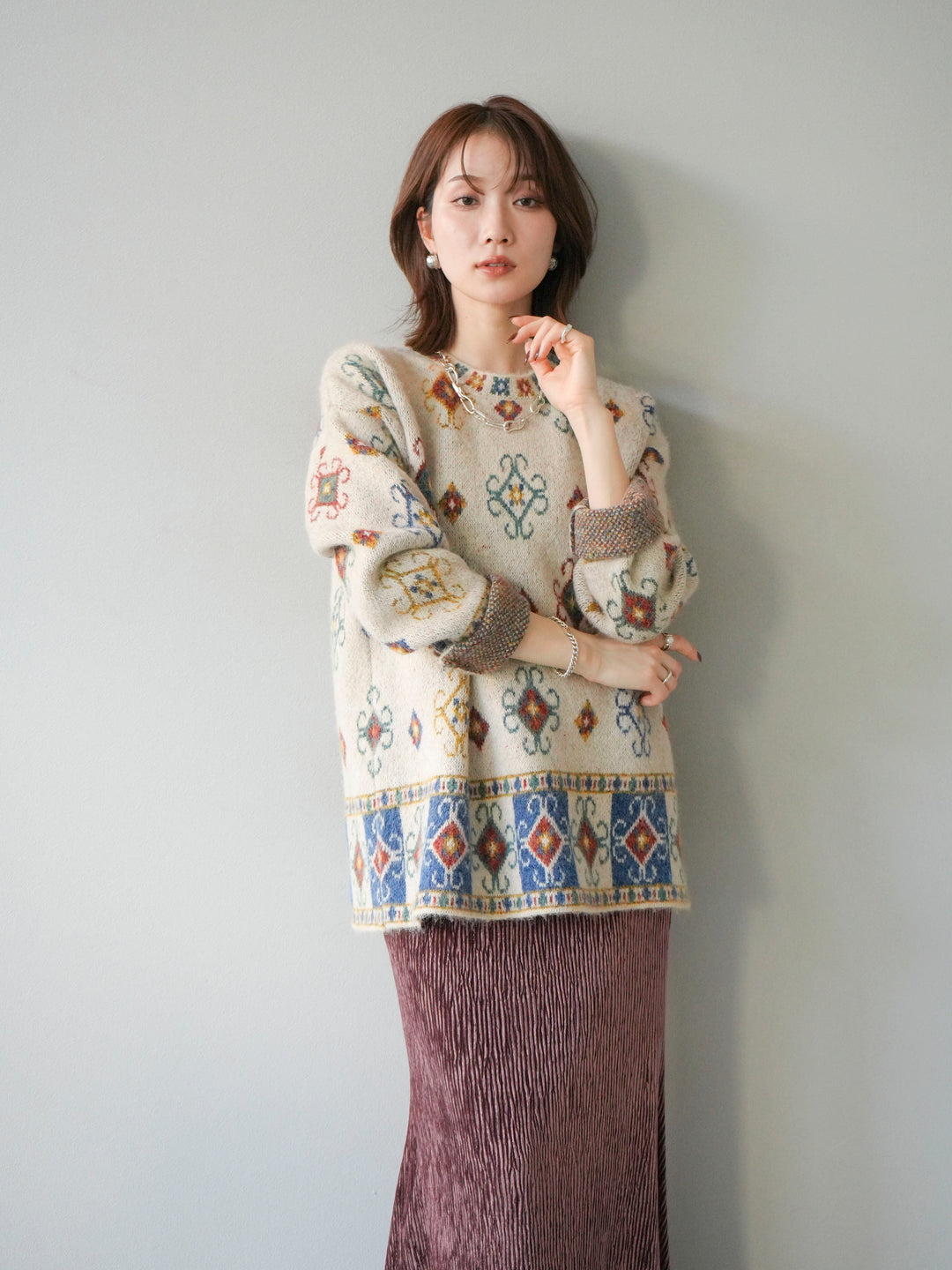 [予約]ヴィンテージ柄オーバーニットプルオーバー/アイボリー