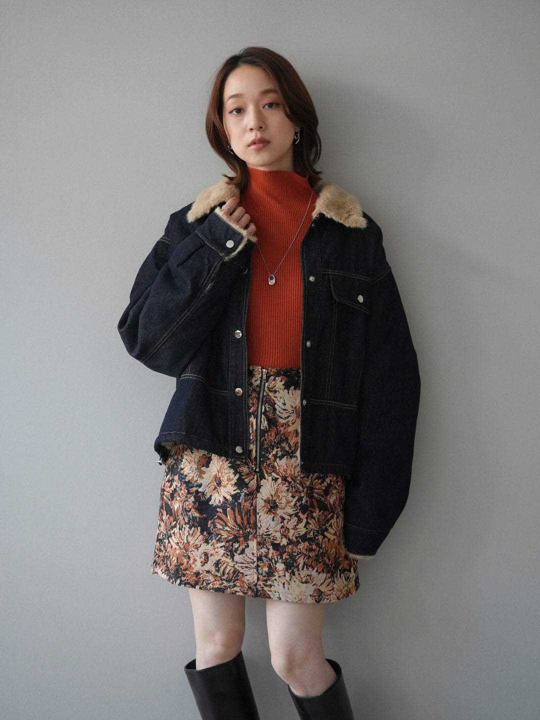 [予約]デニム×ファーステンカラーショートジャケット/indigo