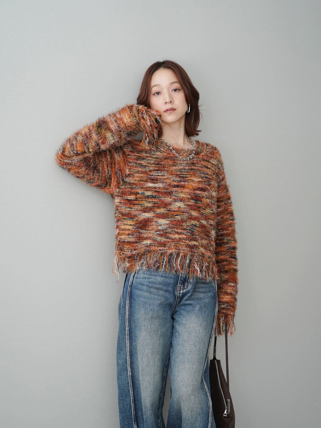 [SET]裾フリンジミックスヤーンシャギープルオーバー+サイド切替カーブデニムパンツ(2set)