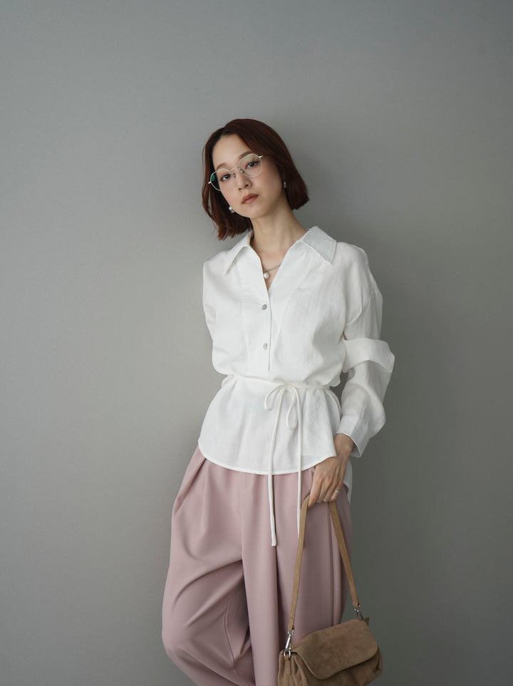 [SET]Vネック変形ラインシャツ+ベルト付キーホルダーモチーフワイドパンツ(2set)