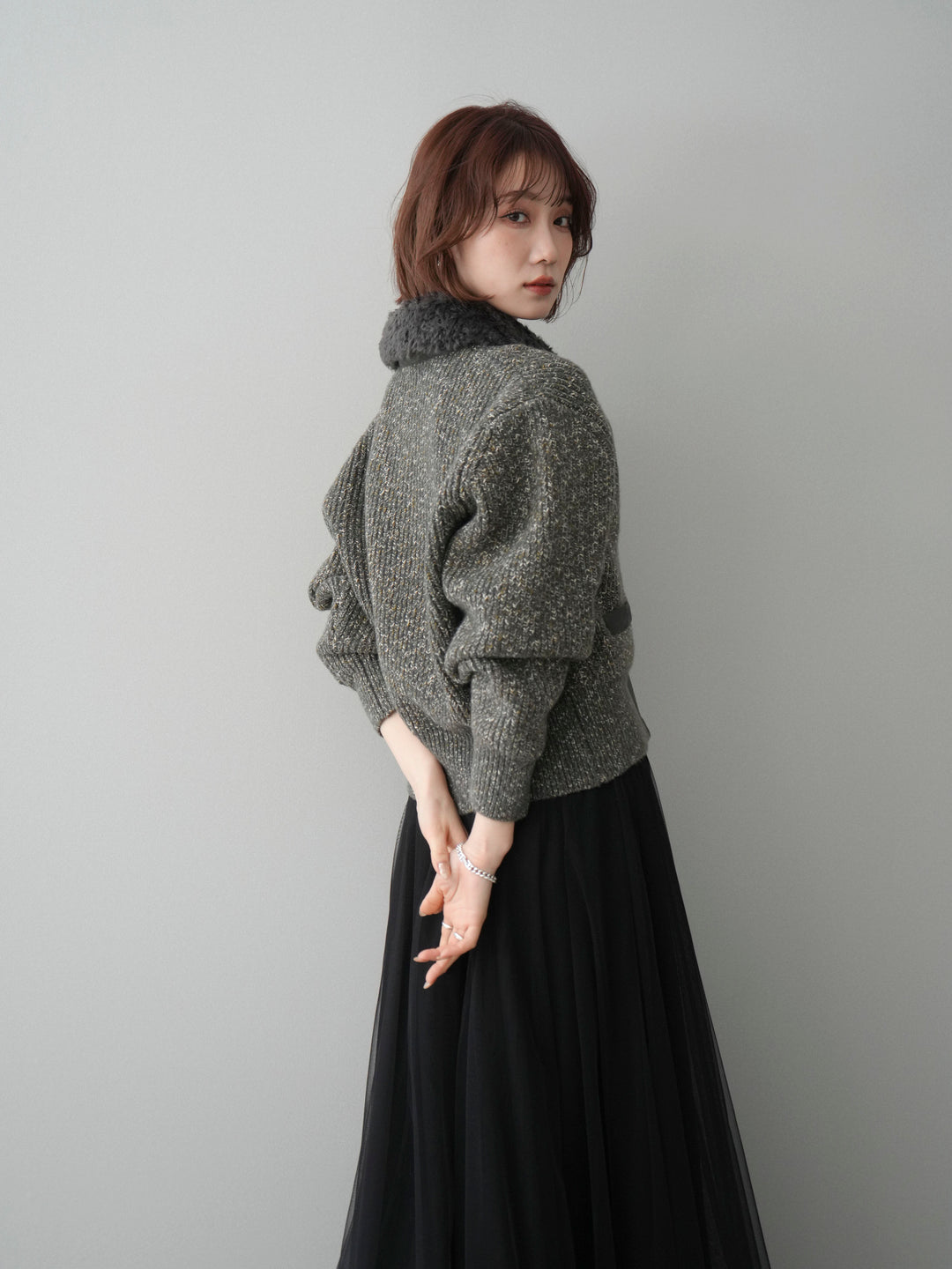 [SET]襟ボアミックスヤーンニットカーディガン+襟ボアミックスヤーンニットカーディガン(2set)