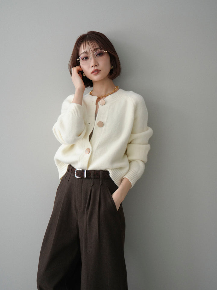 [SET]BIGボタンニットカーディガン+アニマル柄ベルト付きウールタッチワイドパンツ(2set)
