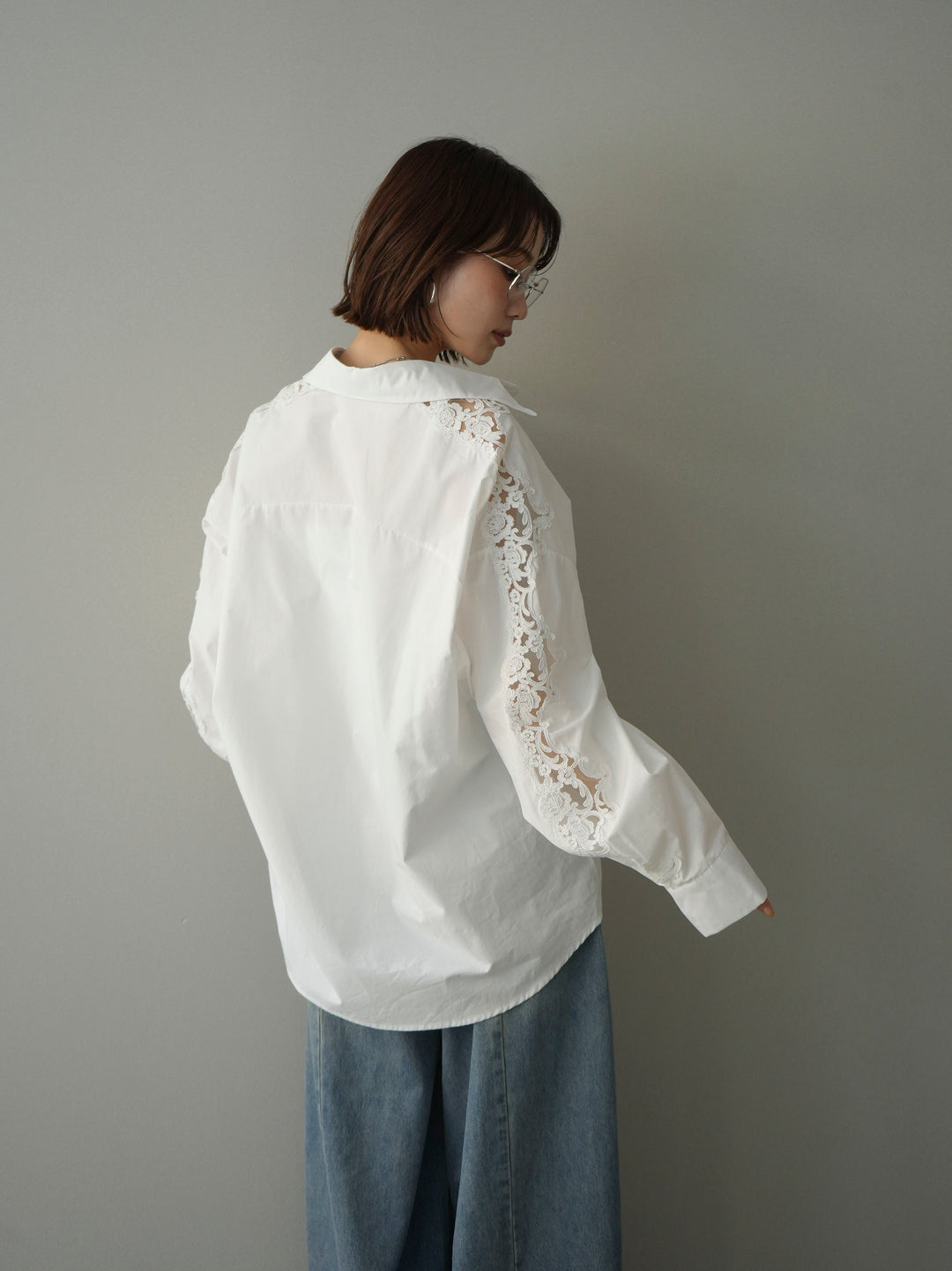 [SET]アームレースブロードシャツ+フロントビジューカーブデニムパンツ(2set)