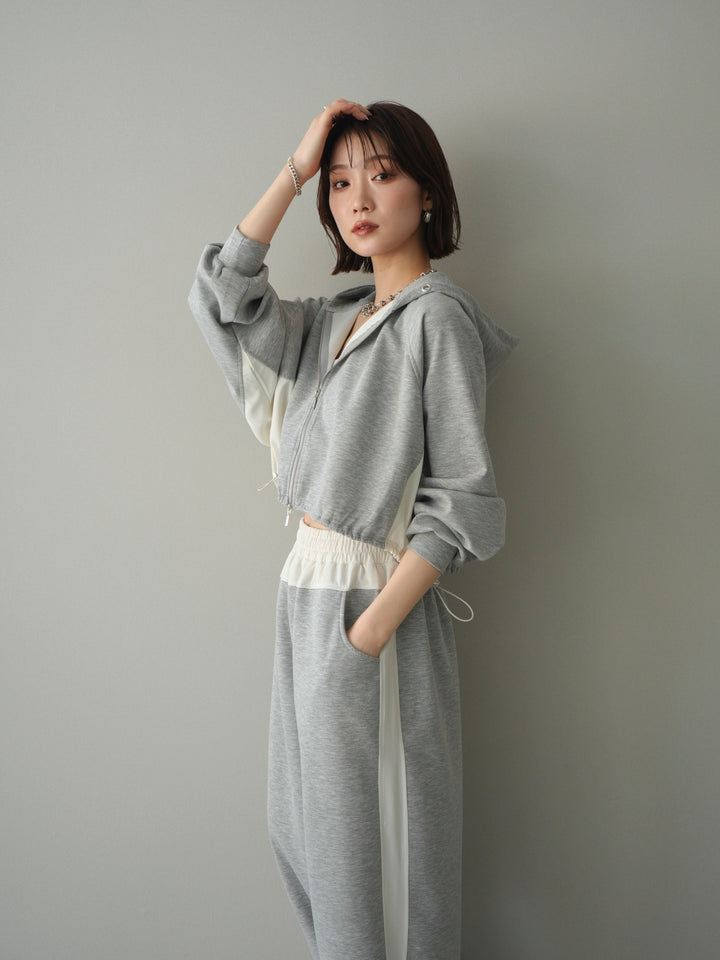 [SET]バイカラー異素材ライトポンチクロップドZIPフーディー+バイカラー異素材サイドラインライトポンチパンツ(2set)