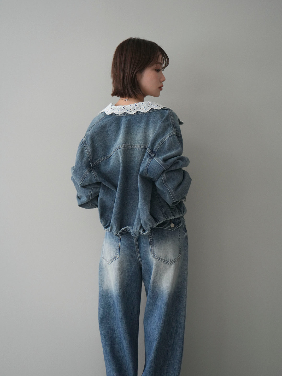 [予約]襟レースデニムショートジャケット/indigo