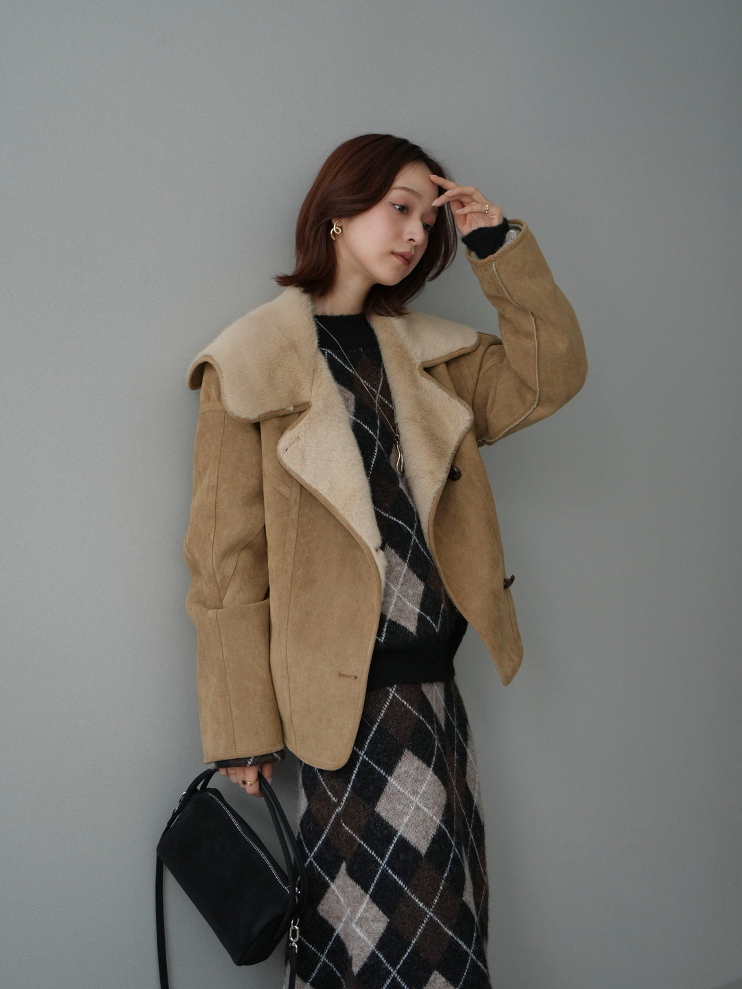 [SET]アーガイルニットプルオーバー&ロングスカートSET UP+ムートンショートジャケット(2set)