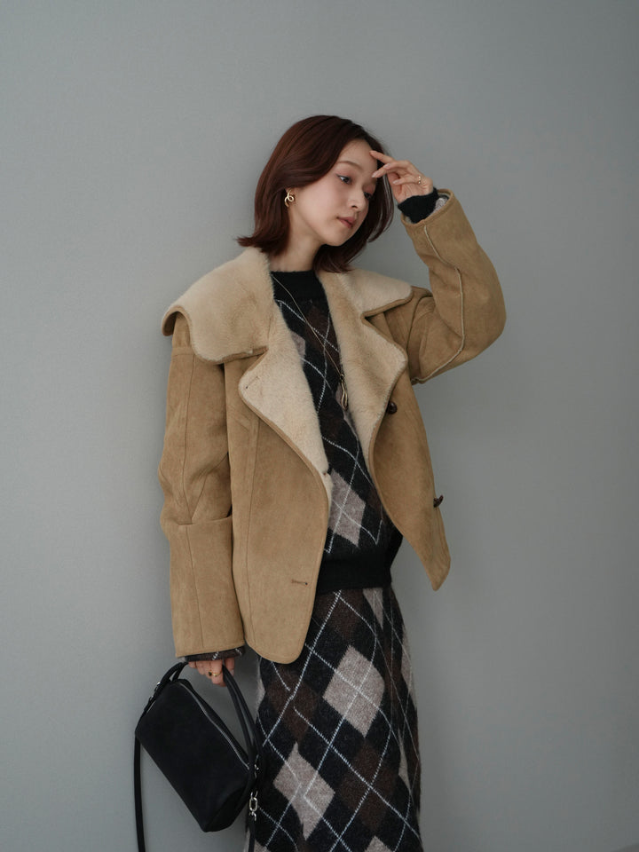 [SET]アーガイルニットプルオーバー&ロングスカートSET UP+ムートンショートジャケット(2set)