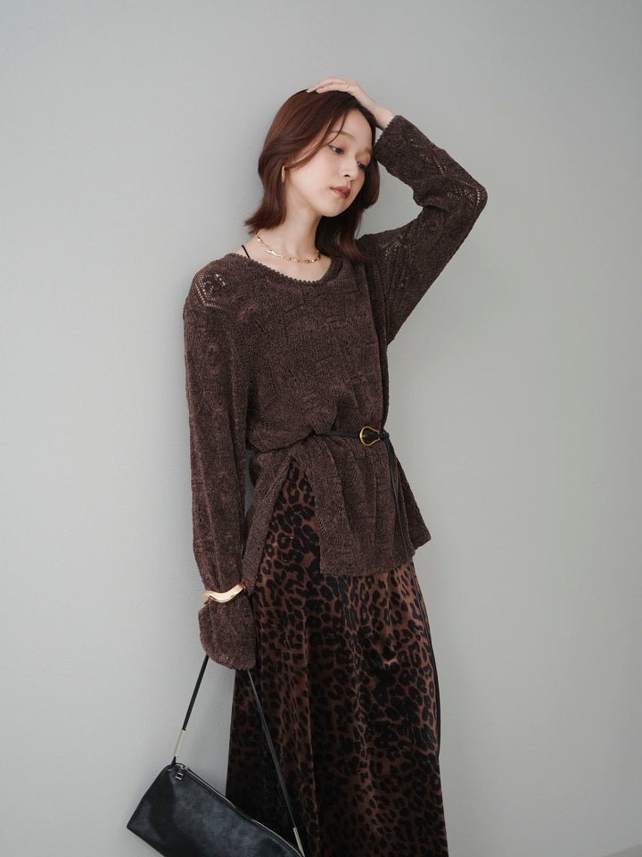 [SET]モール透かし編みニットトップス+レオパードベロアナロースカート(2set)