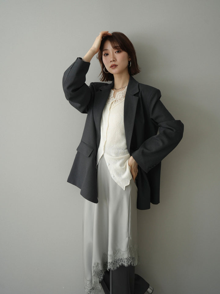 [SET]ダブルブレストオーバージャケット+レースネックジャガードニットカーディガン+サテンライクアシメレーススカート+センターシームフレアパンツ(4set))