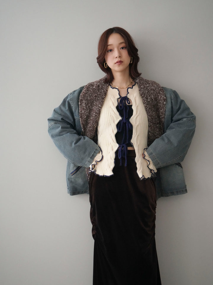 [SET]ミックスボアデニムジャケット+フロントリボン配色メローニットカーディガン(2set)