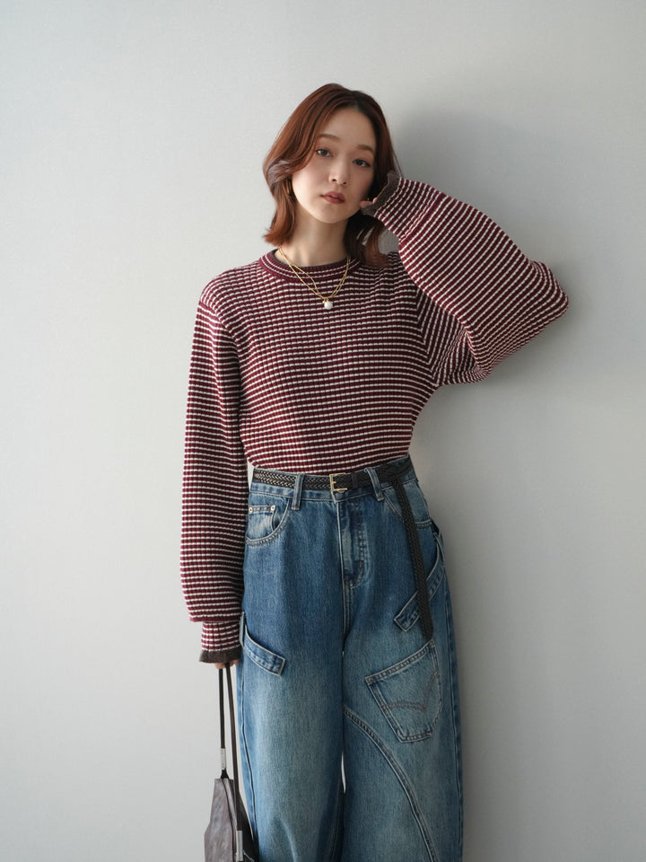 [SET]ラメ異素材ボーダーリブニットプルオーバー+ペインターカーブデニムパンツ(2set)