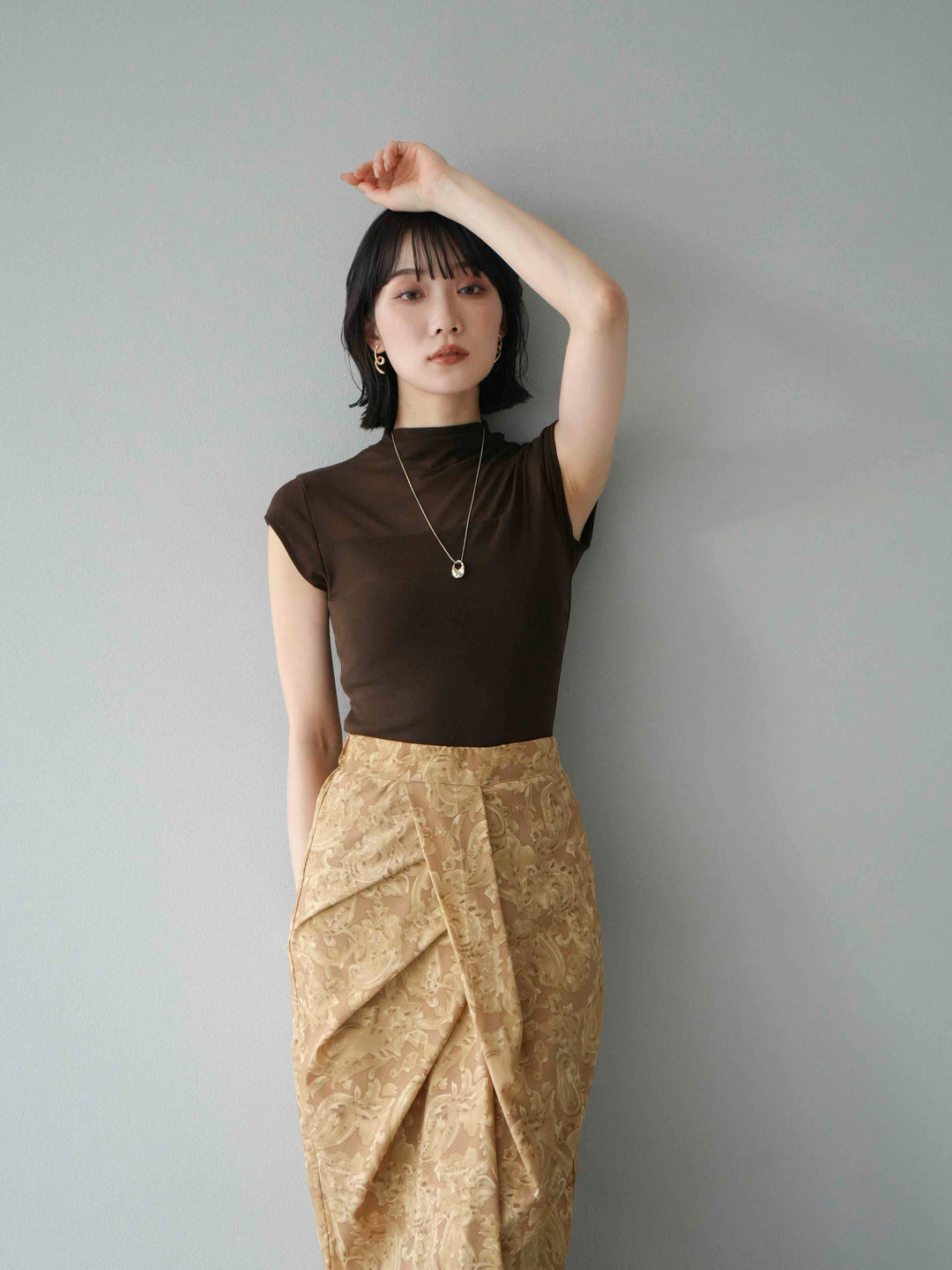 [預訂] 透明切換彈性上衣/棕色