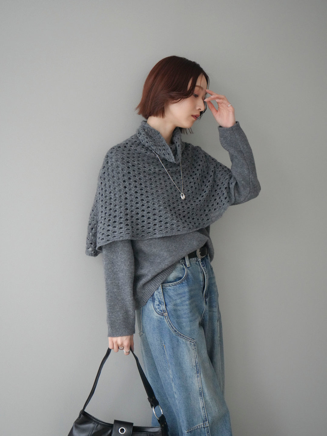 [予約]メッシュケープアンサンブルニットプルオーバー/darkgray