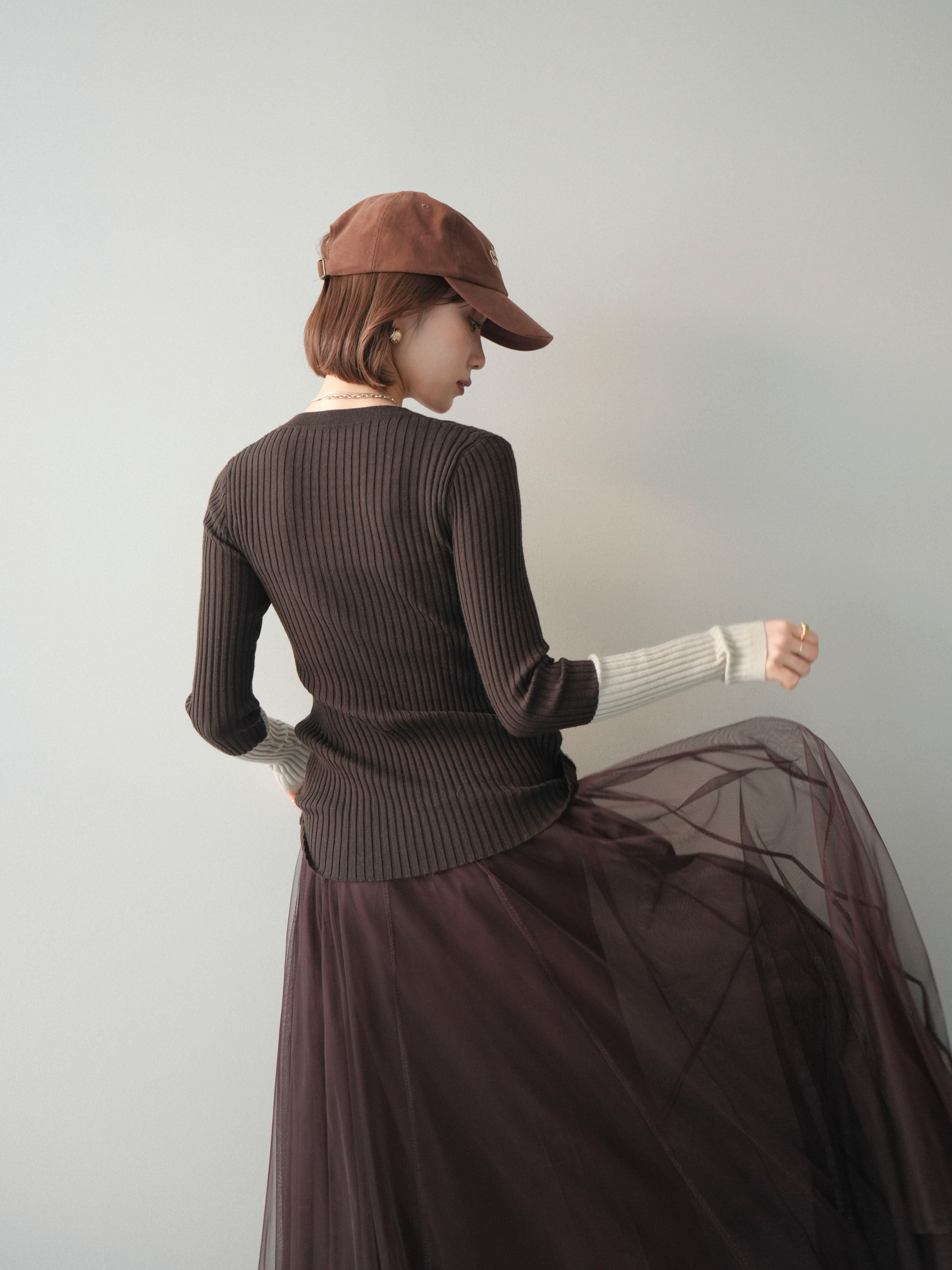 予約]袖配色ランダムリブフロントスリットニットトップス/brown – Lumier