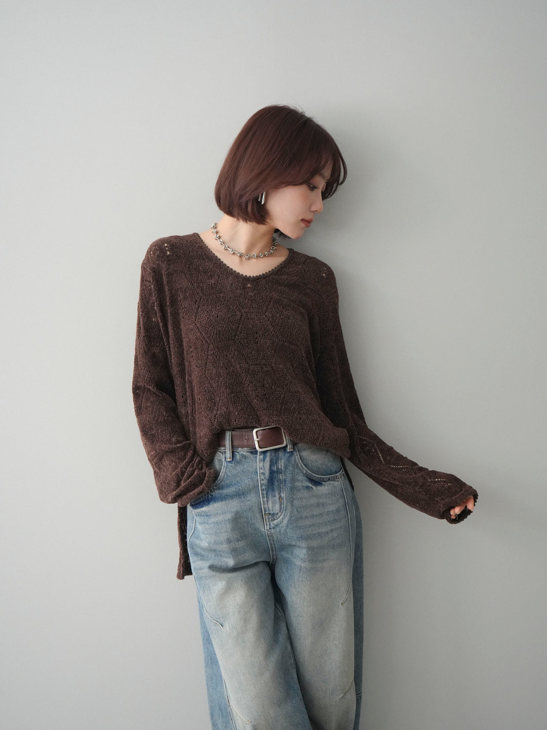 [予約]モール透かし編みニットトップス/brown