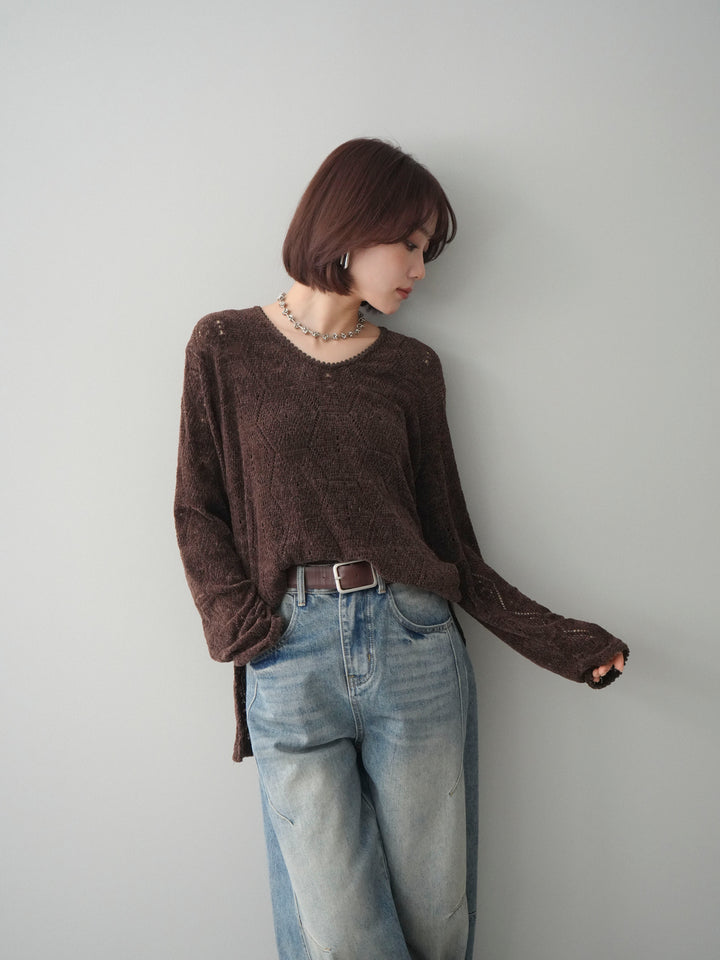 [予約]モール透かし編みニットトップス/brown