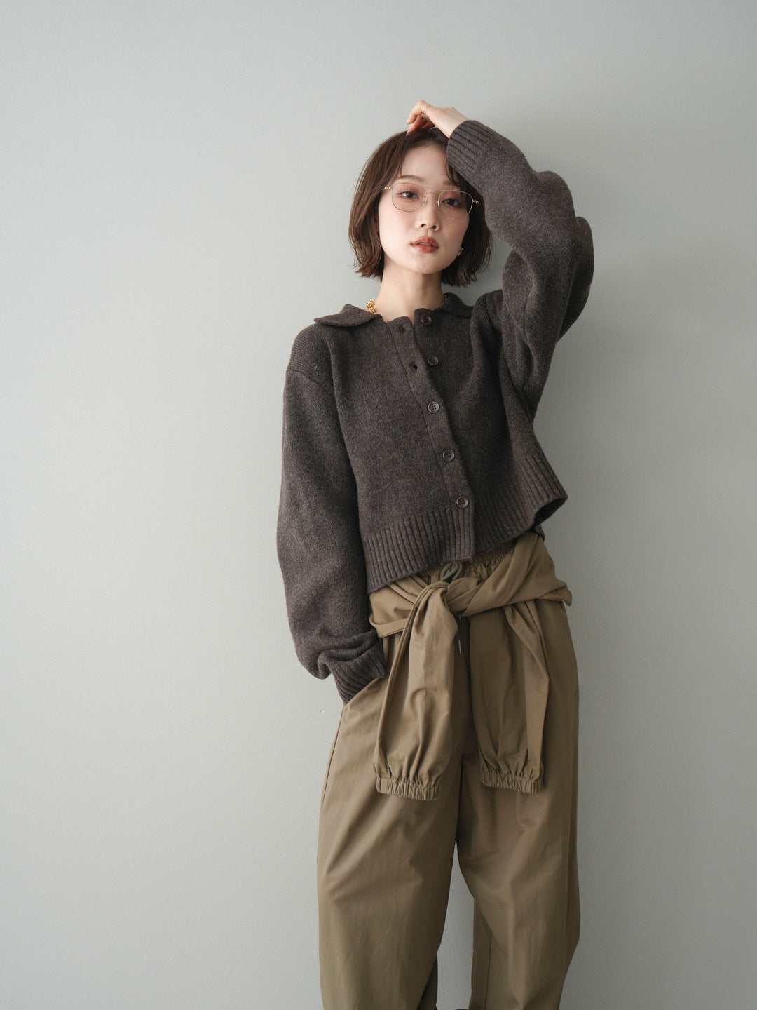 [予約]メランジニット襟付きクロップドカーディガン/brown