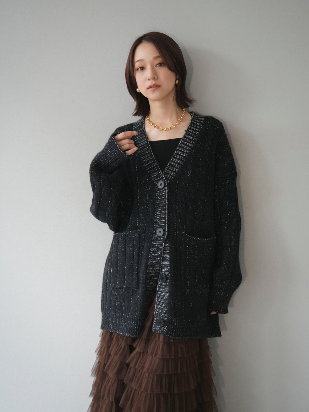 [予約]プレーティングオーバーニットカーディガン/black