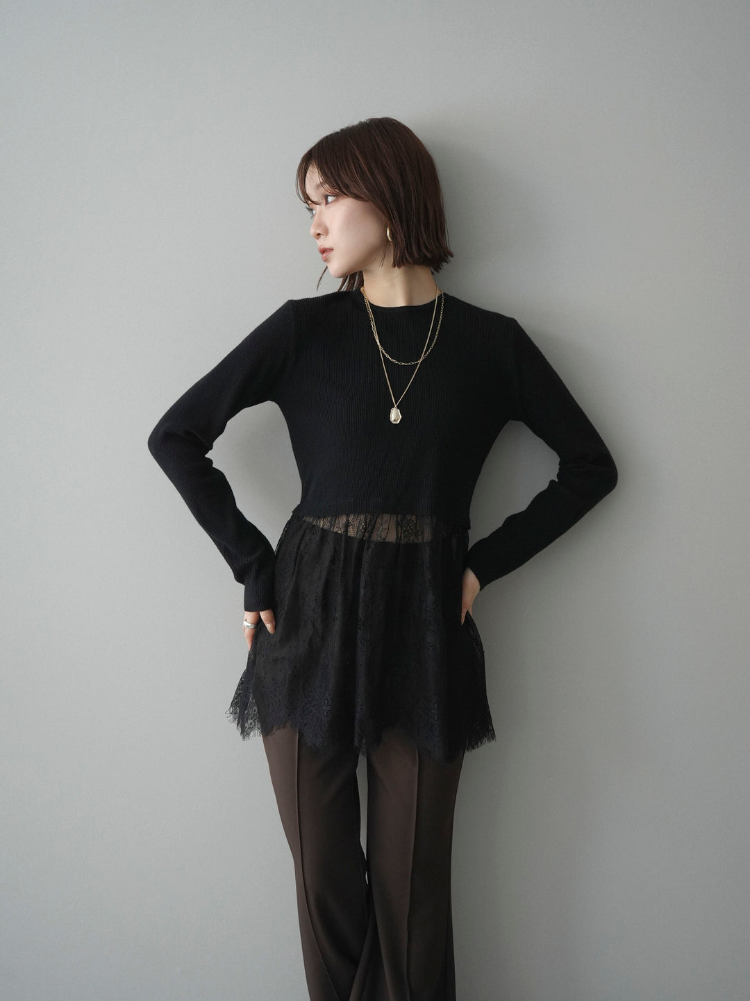 [予約]クルーネックレースドッキングリブニットトップス/black