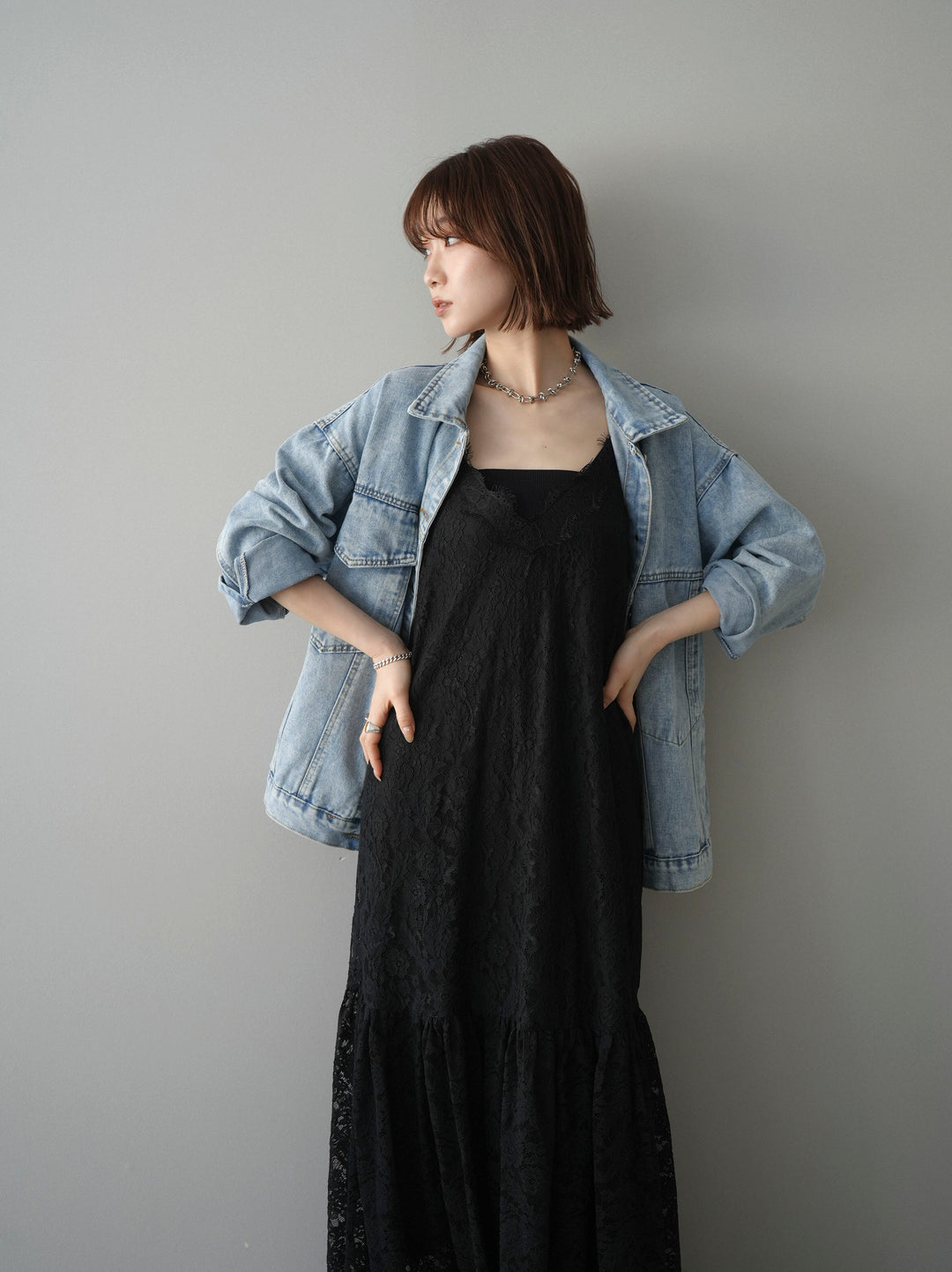 [予約]ギャザー切替レースキャミワンピース/black