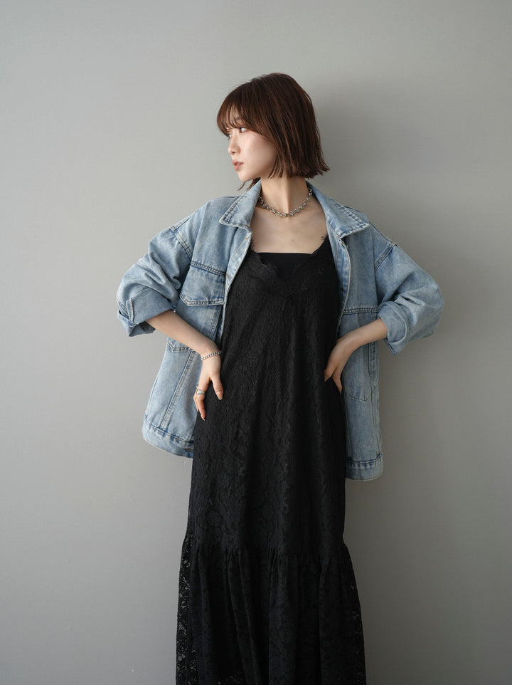 [予約]ギャザー切替レースキャミワンピース/black