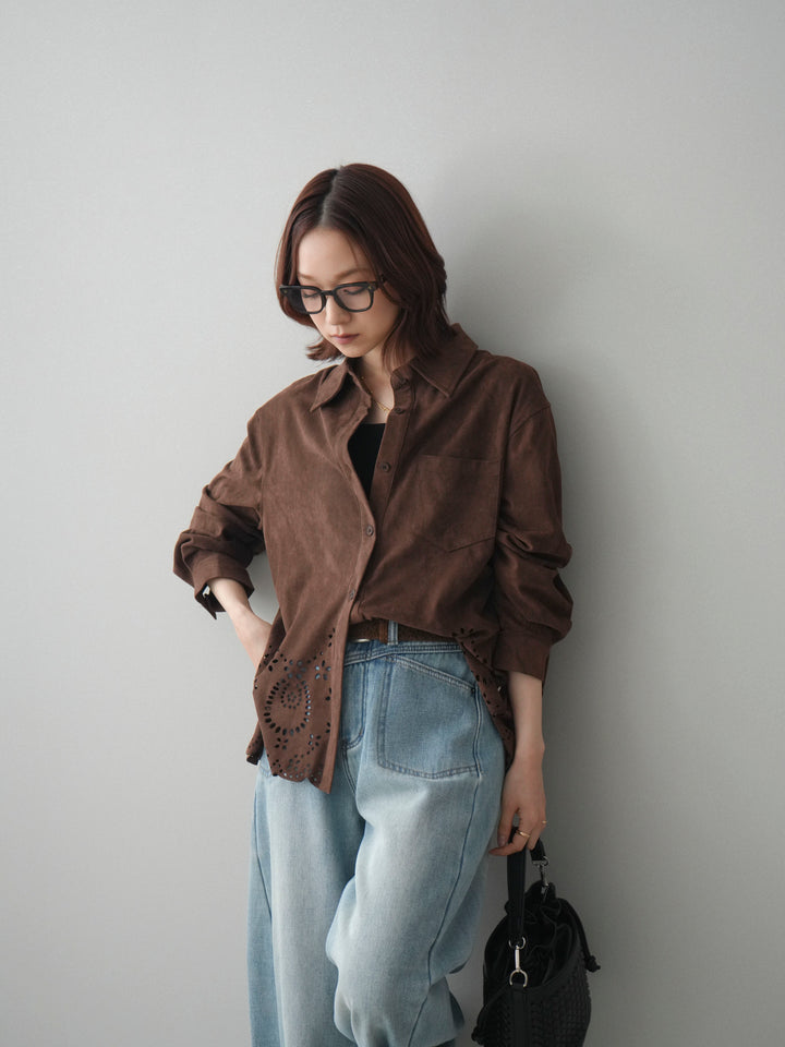 [SET]裾スカラップスエードシャツ+ベルト付裏起毛カーブデニムパンツ(2set)