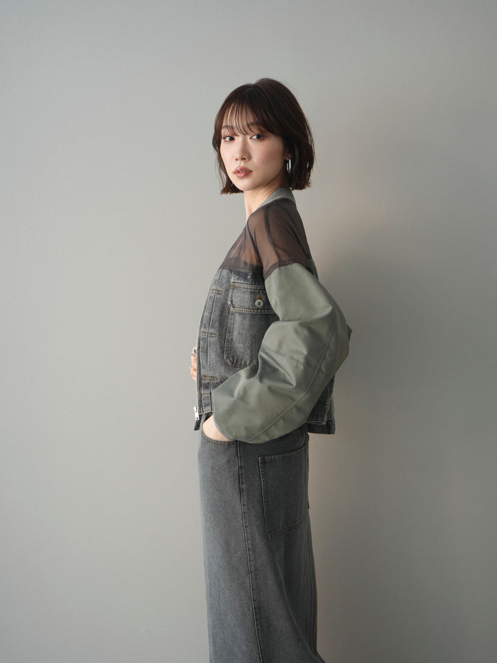 [SET]異素材デニムブルゾン+フロントジップデニムスカート(2set)
