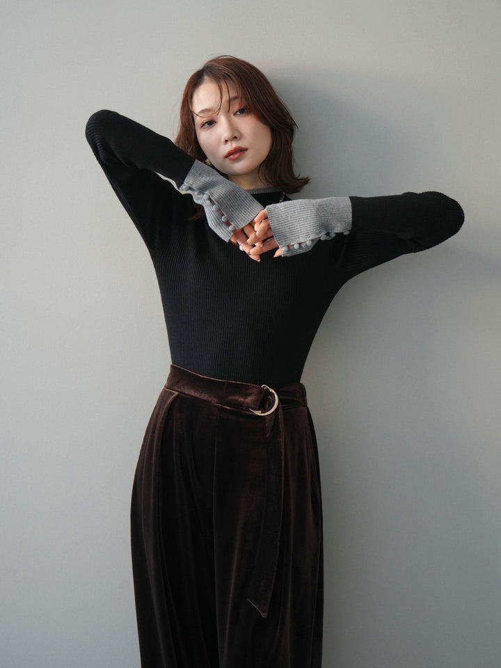 [SET]袖ボタンハイネック配色リブニットトップス+ベロアベルトスリムパンツ(2set)