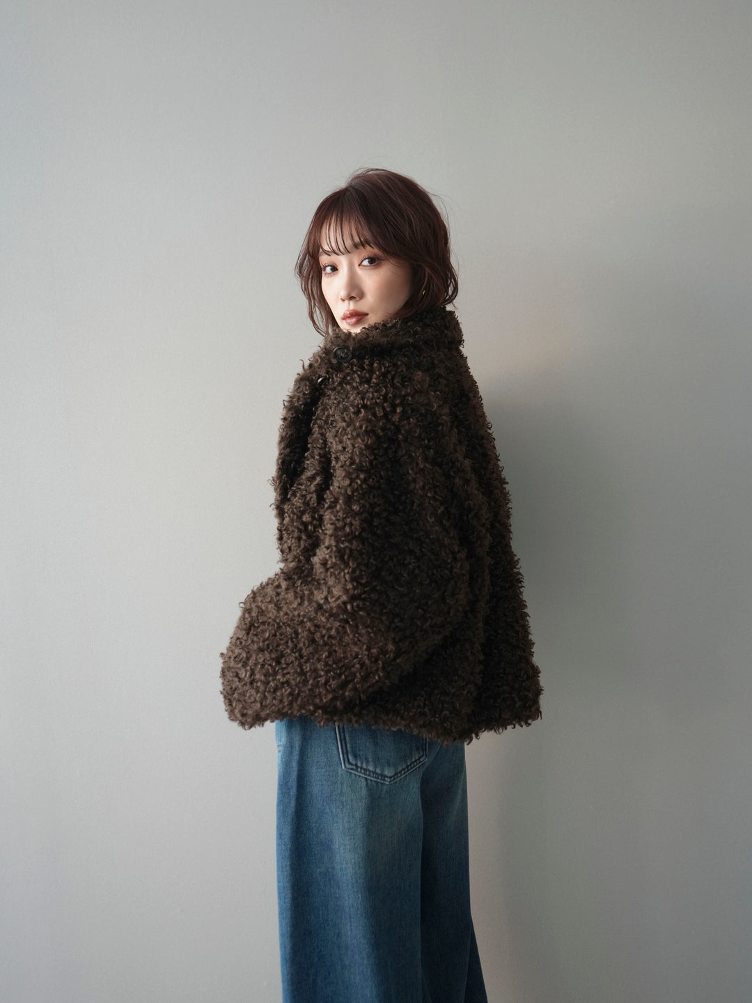 [SET]プードルファーミドルスタンドブルゾン+ベルト付裏起毛カーブデニムパンツ(2set)